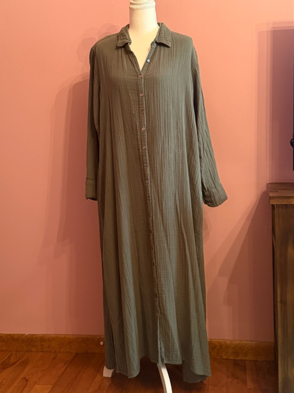 Three Bird Nest Olive Green Maxi Button-Front Dress